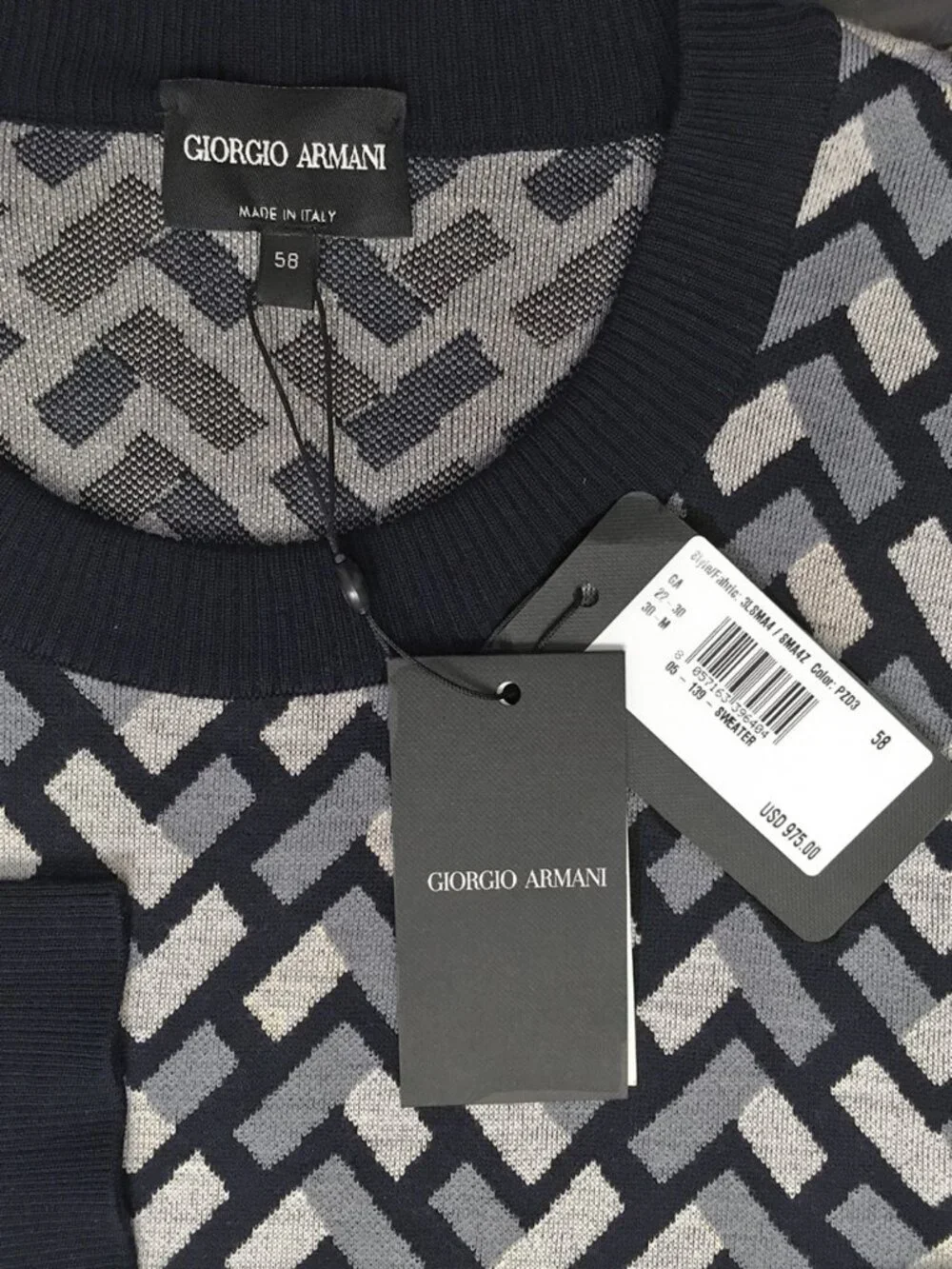 NEW $975 Giorgio Armani Sweater! e 58 US XL Dark Navy & Gray Geometric Design